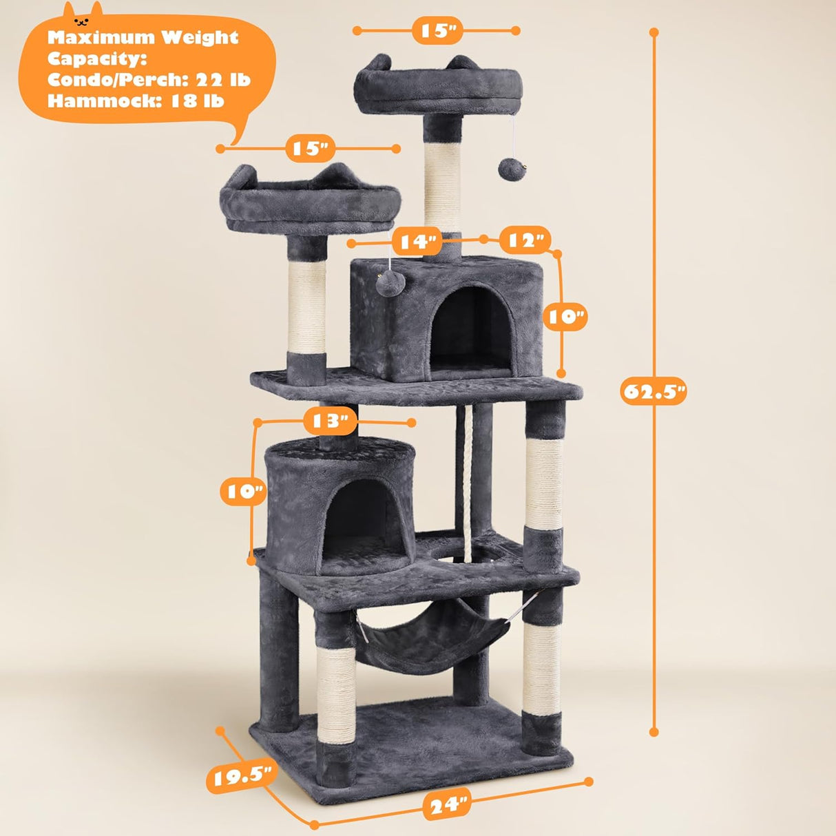 Yaheetech 62.5Inches Cat Tree Cat Tower Cat Condo with Platform & Hammock, Scratching Posts for Kittens Pet Play House with Plush Perch for Indoor Activity Relaxing, Dark Gray