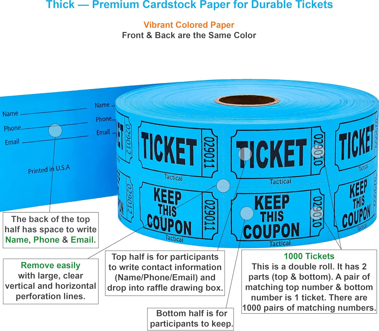 1000 Tacticai Raffle Tickets, Blue (1 of 8 Colors), Double Roll, Ticket for Events, Entry, Class Reward, Fundraiser & Prizes