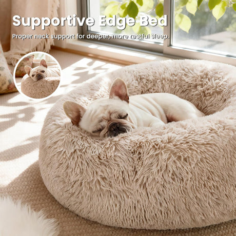 Love'S Cabin Calming Dog & Cat Bed, Cat Bed for Indoor Cats, Anti-Anxiety Donut round Bed, Fluffy Warming Pet Bed for Small Medium Dogs and Cats, Beige Taupe 20"/24"