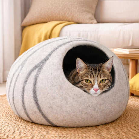 MEOWFIA Cat Cave – Premium Felt Cat Bed for Indoor Cats, Handmade Merino Wool (Light Grey, Medium)