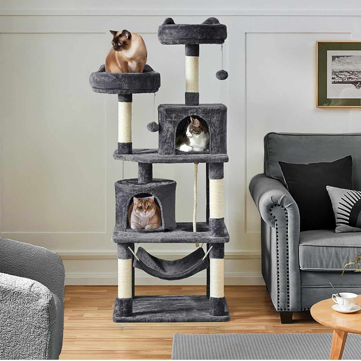 Yaheetech 62.5Inches Cat Tree Cat Tower Cat Condo with Platform & Hammock, Scratching Posts for Kittens Pet Play House with Plush Perch for Indoor Activity Relaxing, Dark Gray