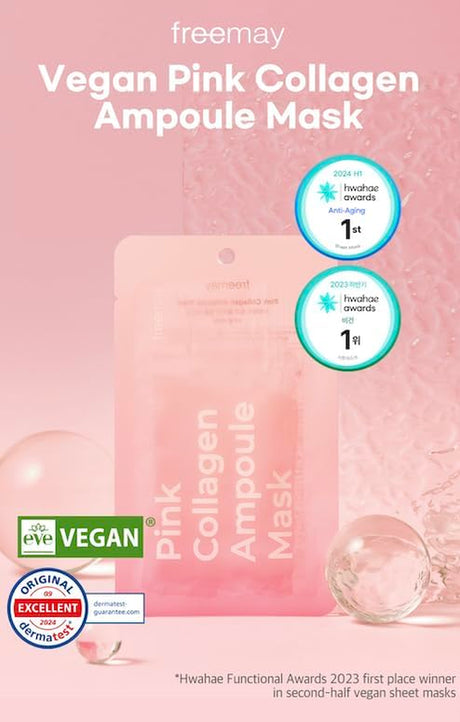 Freemay Pink Collagen Ampoule Mask 27Ml (0.91 Fl Oz) × 10 Sheets – Plant Collagen & Peptide Complex, Deep Hydration & Elasticity, Vegan Eco-Friendly Sheet