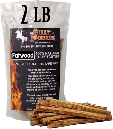 2Lb Fatwood Fire Starter Sticks | 100% Natural Fire Starters for Campfires, Firepit, Wood Stoves, Fireplaces, BBQ | Start a Fire W/Just 2 Sticks | Camping Essentials by Billy Buckskin (2Lb Bag)