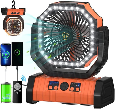 ADUST Camping Fan - 20000Mah Battery Powered Fan Battery Operated Rechargeable Portable Outdoor Tent Fans with Hanging Hook, Cordless, 4 Speeds, Remote Control - Orange