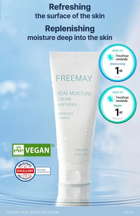 Freemay Real Moisture Cream Set (100Ml + 30Ml), Korean Face Moisturizer for Hydration & Soothing, Vegan, Lightweight, Sensitive Skin Friendly