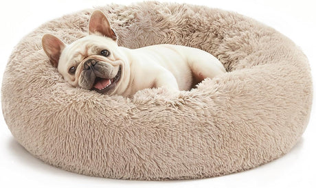 Love'S Cabin Calming Dog & Cat Bed, Cat Bed for Indoor Cats, Anti-Anxiety Donut round Bed, Fluffy Warming Pet Bed for Small Medium Dogs and Cats, Beige Taupe 20"/24"